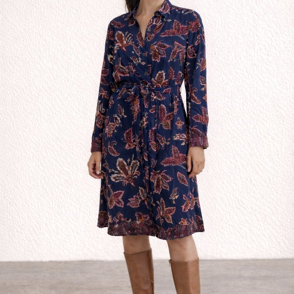 Liz Claiborne Vintage Paisley Shirt Dress Navy Floral Midi Large - Picture 8 of 8